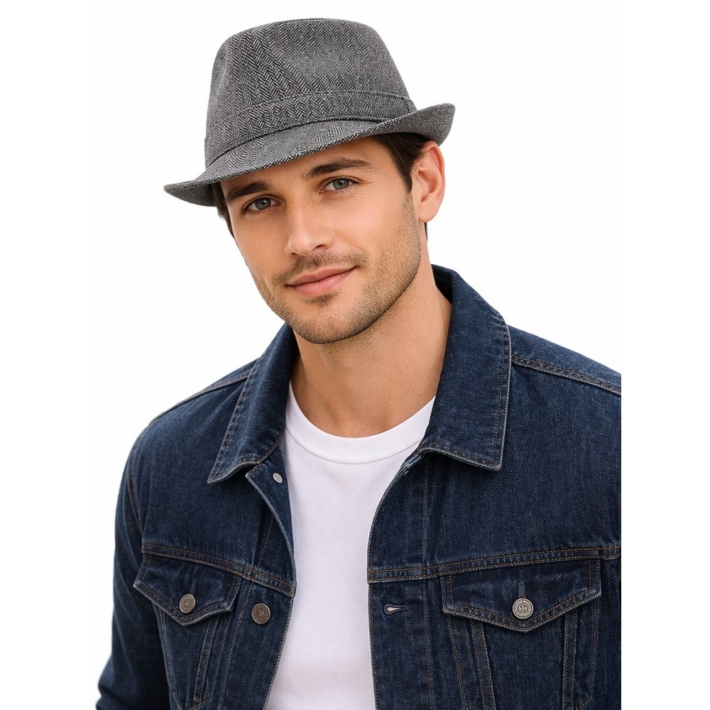 GREY HERRINGBONE FEDORA HAT SIZE 59 CLASSIC BRIM UNISEX